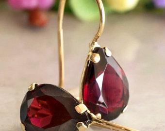 14K Gold Genuine Garnet, Rhodolite Garnet, Burgundy Earrings, Maroon Earrings, Oxblood Earrings, Gemstone Earrings, January Birthstone