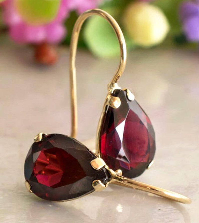 14K Gold Genuine Garnet, Rhodolite Garnet, Burgundy Earrings, Maroon Earrings, Oxblood Earrings, Gemstone Earrings, January Birthstone image 1