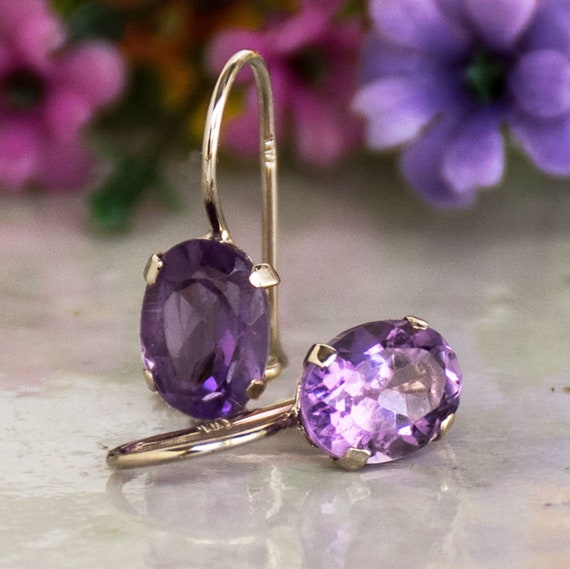14K Solid Gold Gemstone Earrings Amethyst Earrings Purple - Etsy