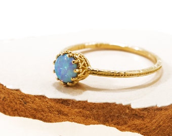 14K Yellow Gold Blue Opal Ring - Circle Ring - Crown Ring - Birthstone Ring - 14K Yellow Gold Ring - Natural Round Blue Opal - Gift For Mom