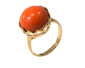 14K Gold Coral Ring, Coral Jewelry, Large Ring, Big Ring, Boho Ring, Vintage Ring, Dainty Ring, Gemstone Ring, Solitaire Ring, Stacking Ring