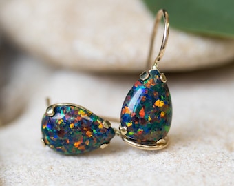 Black Opal Earrings, 14k Gold Earrings, Teardrop Gold Earrings, Solid Gold Earrings, Gemstone Earrings, Gold drop earrings, Pear cut earring