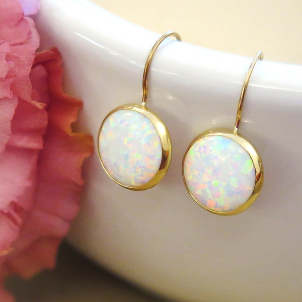 Opal Gold Earrings, 14K Gold Earrings Dangle, Opal Drop Earrings, Gemstone Earrings, Real Gold Jewelry, October Birthstone, White Opal, 14K