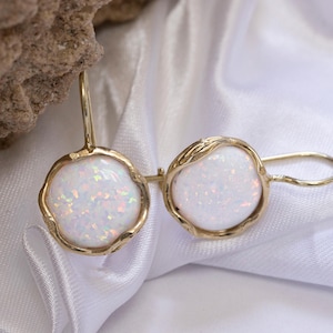 Opal Gold Earrings, 14K Gold Earrings Dangle, White Opal Earrings, Solid Gold Earrings, Opal Drop Earrings, Gemstone Earrings, Fine Jewelry