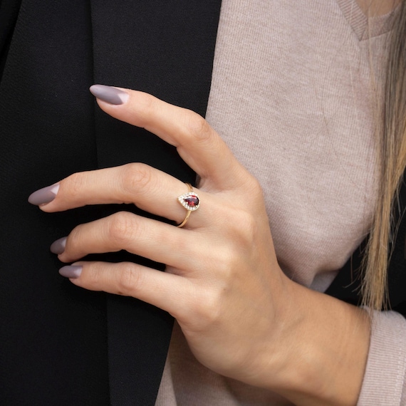 Garnet Ring, 14k Solid Gold Ring, Teardrop Gold Ring, Garnet Engagement Ring, Halo Gold Ring, Multi Stone Ring, January's Birthstone, CZ