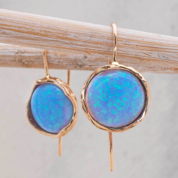 Blue Opal Earrings 14K Solid Rose Gold Drop Earrings October | Etsy