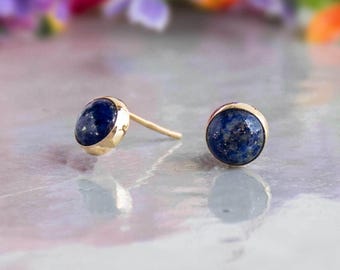 Lapis Lazuli Earrings, 14K Solid Yellow Gold Stud Earrings, December Birthstone Earrings, Blue Earrings, Gold Earrings, Tiny Stud Earrings