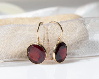 14K Gold Garnet Earrings - 14K Drop Earrings - Gemstone Gold Drop Earrings - Solid Gold Earrings - 14K Yellow Gold Earrings - Natural Garnet