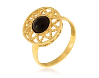 14K Yellow Gold Onyx Filigree Ring, Dainty Onyx Stone Ring, Onyx Jewelry, Black Stone Gold Ring, Statement Round Ring, Rings For Women