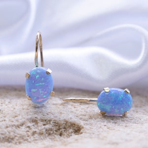 Blue Opal Earrings, 14K Gold Earrings, Gold Drop Earrings, Dangle Earrings, October Birthstone, Gemstone Earrings, Real Gold Jewelry, 14K