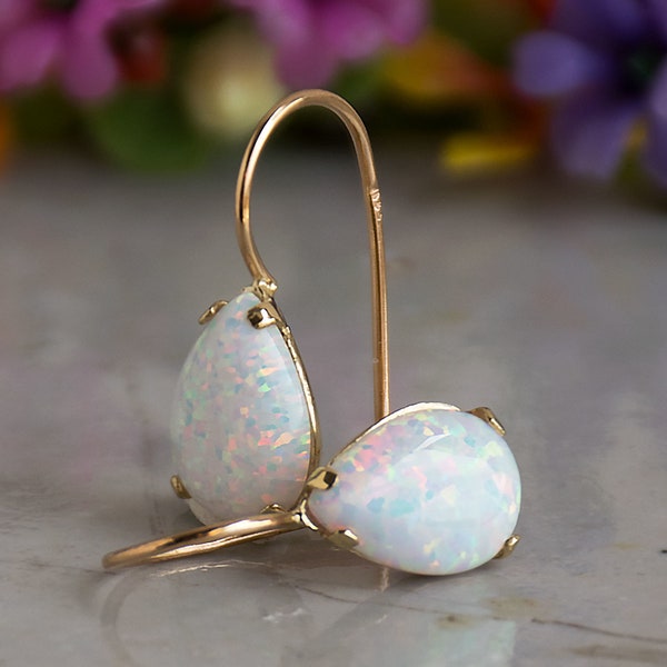 White Opal Gold Earrings, 14K Solid Gold Dangle Earrings, October Birthstone Jewelry, Bridesmaid Jewelry, Wedding Jewelry for Women