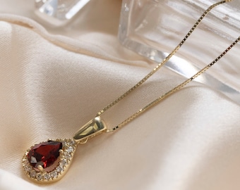 Garnet Gold Necklace, 14K Pendant Necklace, CZ Necklace, Solid Gold Necklace, Pear Shaped Necklace, Halo Birthstone Jewelry, Teardrop