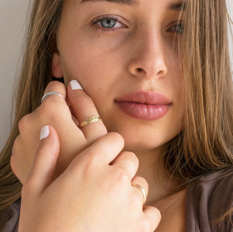 14k Yellow Gold Feather Ring - Delicate Stackable Ring, Sizes 6-9, High Polish Finish
