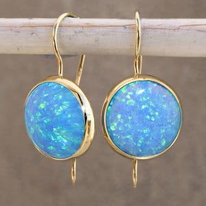 Blue Opal Earrings, 14k Gold Earrings, Gemstone Earrings, Drop Gold Earrings, Round Drop Earrings, Solid gold earrings, Fine Jewelry