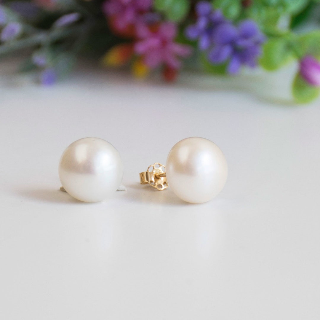 14K Solid Yellow Gold 10mm White Pearl Ball Earrings Pearl - Etsy
