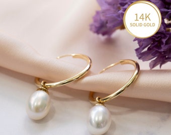Gold Pearl Earrings, Solid Gold Earrings, Bridal Earrings, Pearl Hoop Earrings, Teardrop Earrings, Real Gold Earrings, Dangle Earrings