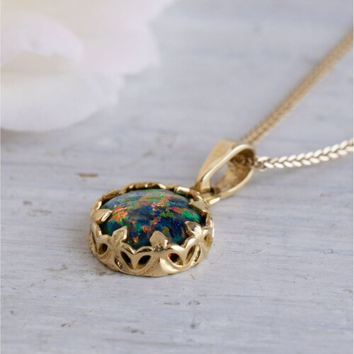14K Gold Black Opal Decorate Necklace, Opal Jewely, Fire Opal, Opal Pendant, Dainty Gold Necklace, Art Decor Pendant, Necklaces shops For Women