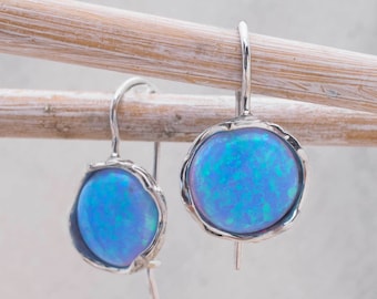 Vintage Blue Opal Earrings, 14K White Gold Earrings, Statement Earrings, October Birthstone, Opal Jewelry, Unique Earrings, Anniversary Gift