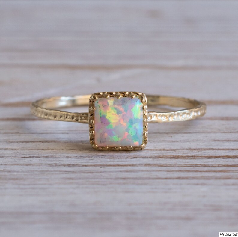 White Opal ring 14K Solid Gold Square Ring Dainty Gold | Etsy
