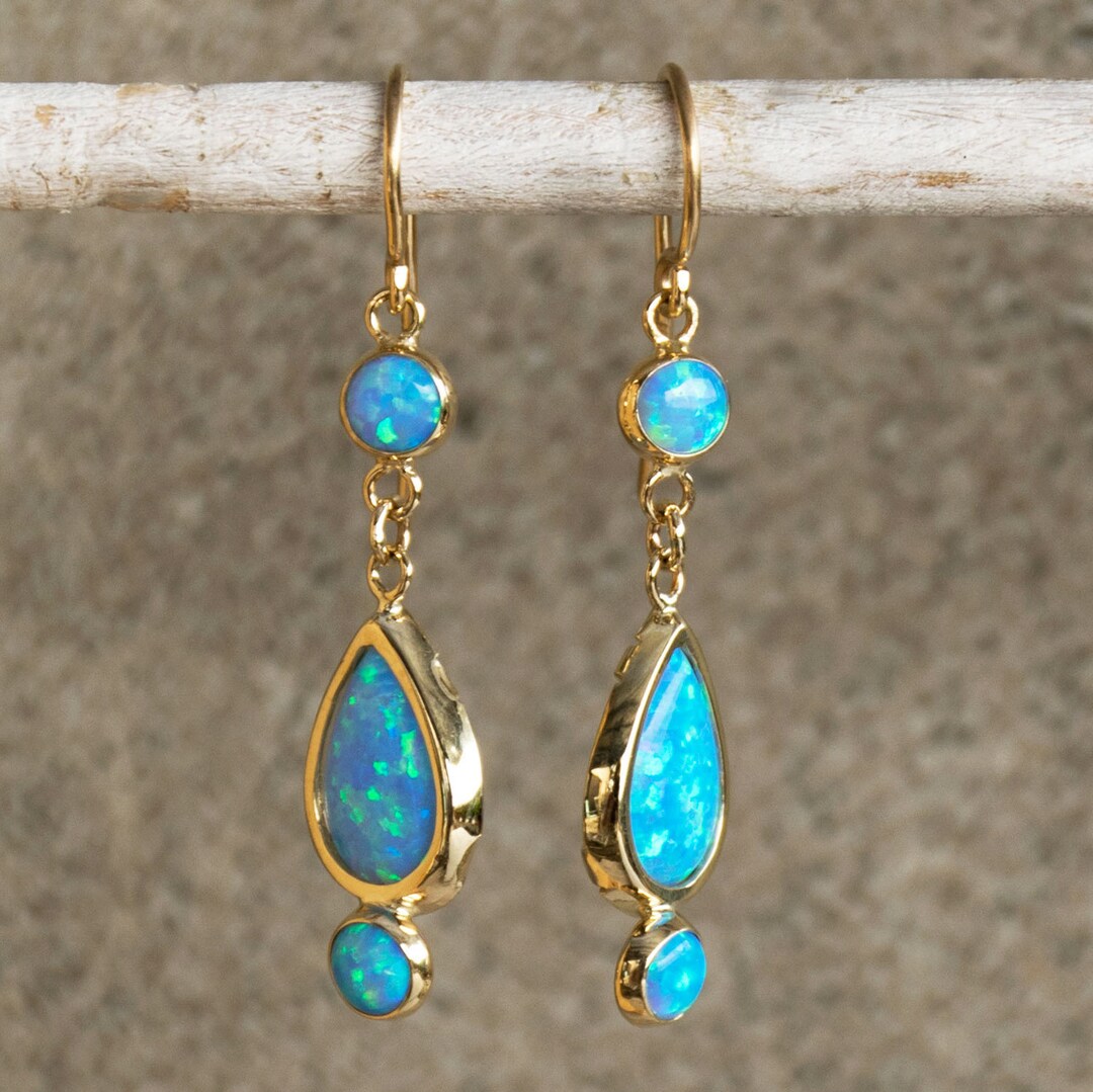 Long Gold Earrings, Blue Opal Earrings, Teardrop Earrings, 14K Gold ...
