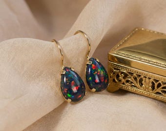 Black Opal Gold Earrings, Teardrop Gold Earrings, 14k Solid Gold Earrings, Gemstone Earrings, Birthstones Earrings, Real Gold Jewelry Unique