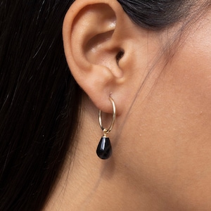 Black Onyx Earrings, Solid Gold Hoops, Dangle Drop Earrings, Modern Hoops, 14k Gold Earrings, Pendant Hoop Earrings, Teardrop Earrings
