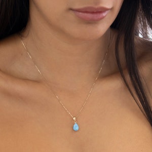 Blue Opal Necklace, Solid Gold Necklace For Women, Opal Teardrop Necklace, Dainty Opal Necklace, Short Necklace, Fine Jewelry, 14K Jewelry image 3