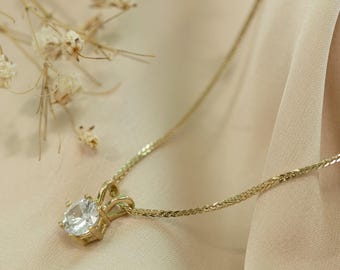 White Cubic Zirconia Pendant in Yellow Gold, 6mm Stone, Gemstone Pendant Necklace, Minimalist Gift for Her