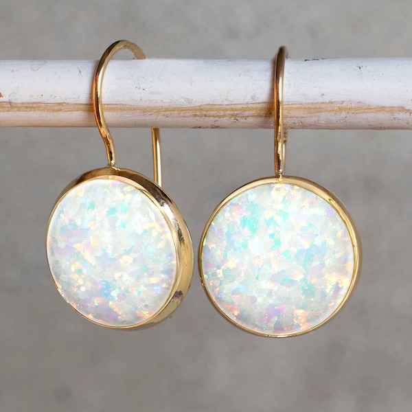 White Opal Earrings, 14K Solid Yellow Gold Drop Earrings, October Birthstone Earrings, 14K Gold Earrings, Bridal Earrings, Wedding Jewelry