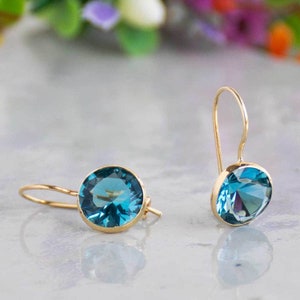 Blue CZ Oval Drop Earrings, 14K Gold Classic Earrings, Blue Drop ...