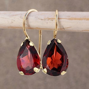 Garnet Earrings Gold, 14K Solid Gold Genuine Red Garnet 7x10mm Dangle ...