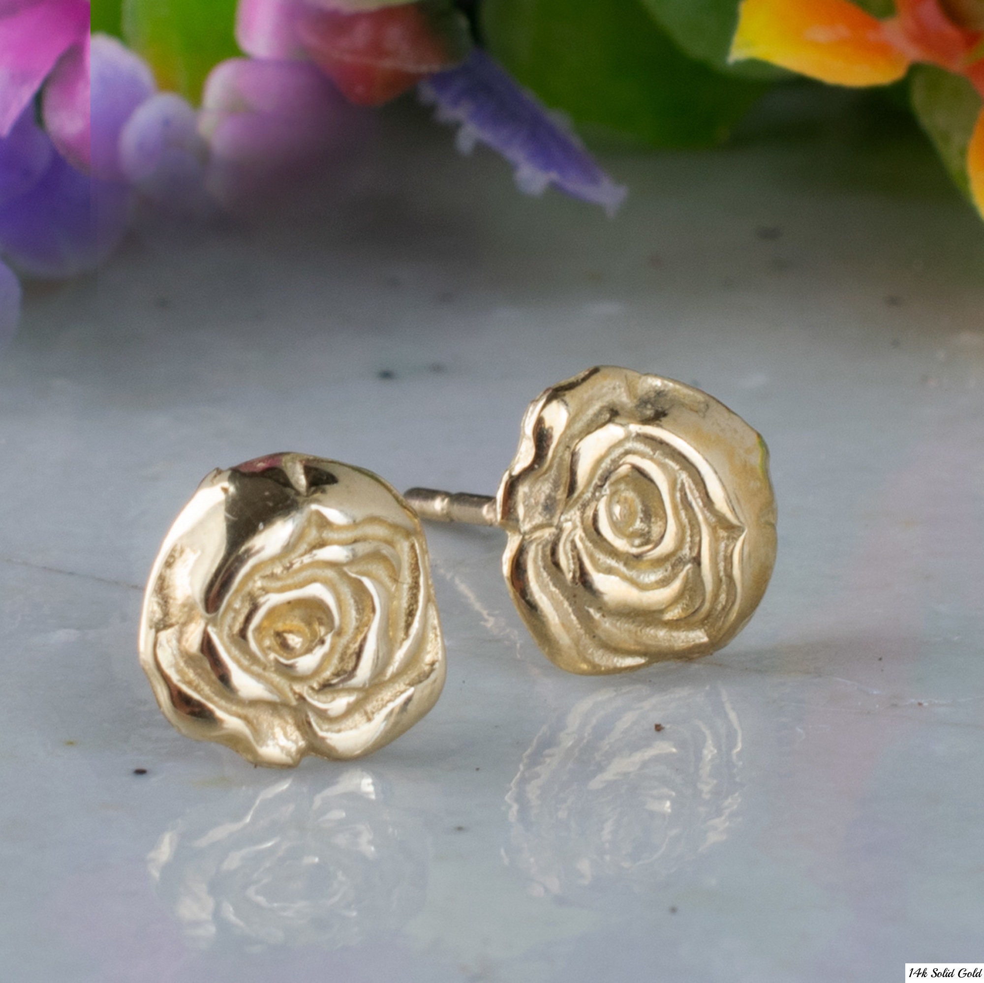 Rose Flower Earrings 14K Yellow Gold Stud Earrings Rose Etsy