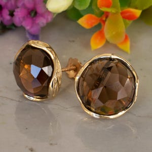 14K Yellow Gold Stud Earrings, Smoky Quartz Earring, Gemstone Earrings, Stud Gold Earrings, Handmade Earrings, Statement Earrings,