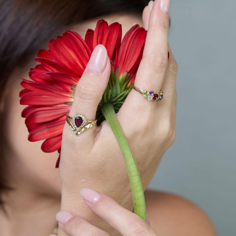 Garnet Ring, 14k Solid Gold Ring, Teardrop Gold Ring, Garnet Engagement Ring, Halo Gold Ring, Multi Stone Ring, January's Birthstone, CZ image 6