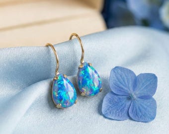 Blue Opal Teardrop Earrings, 14K Gold Earrings, Fire Opal, October Birthstone, Opal Jewelry, Statement Earrings, Everyday Earrings
