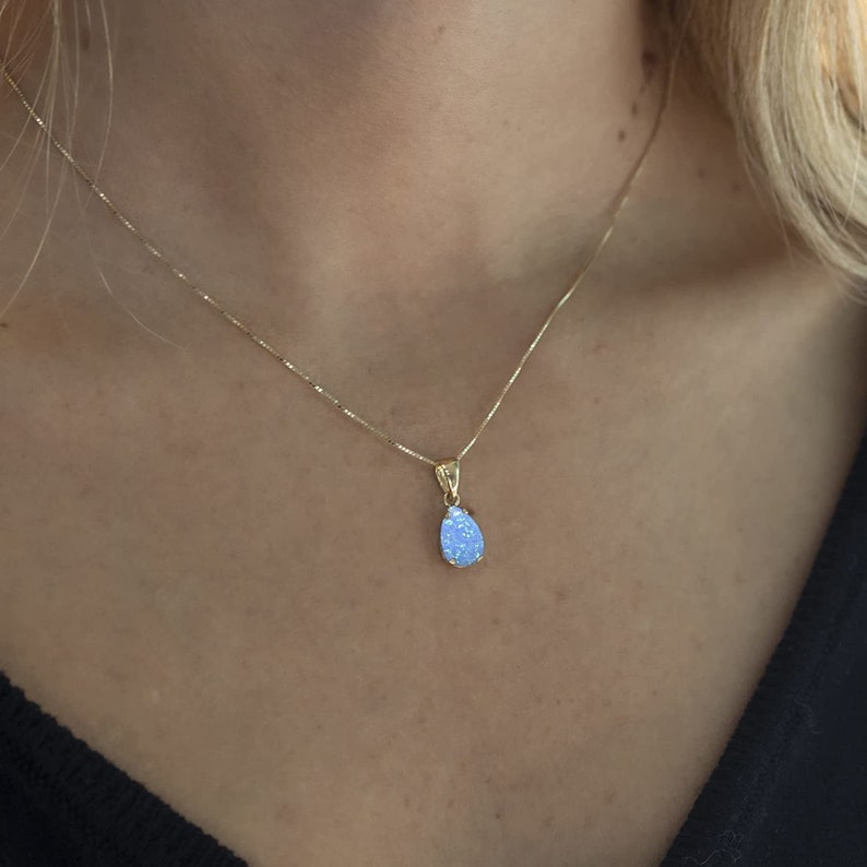 Blue Opal Necklace, Solid Gold Necklace For Women, Opal Teardrop Necklace, Dainty Opal Necklace, Short Necklace, Fine Jewelry, 14K Jewelry image 5