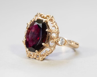 14k Garnet Ring, Timeless Engagement Rings, Vintage Style Ring, Statement Gold Ring, 14k Solid Gold, CZ Ring, Gold Ring Woman, Real Gold