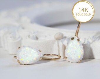 14K Gold Earrings, Opal Earrings Gold, Teardrop Gold Earrings, Gemstone Earrings, Dangle Earrings, Opal Drop Earrings, Fine Jewelry, White