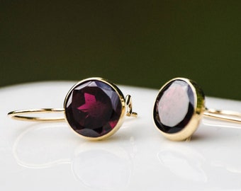 14K Gold Garnet Earrings - 14K Drop Earrings - Gemstone Gold Drop Earrings - Solid Gold Earrings - 14K Yellow Gold Earrings - Natural Garnet