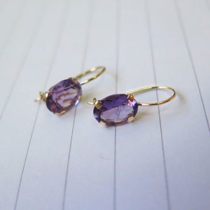 Gold Amethyst Earrings, 14K Solid Yellow Gold Drop Earrings, February Birthstone Earrings, Purple Earrings, 14K Gold Earrings, Oval Earrings
