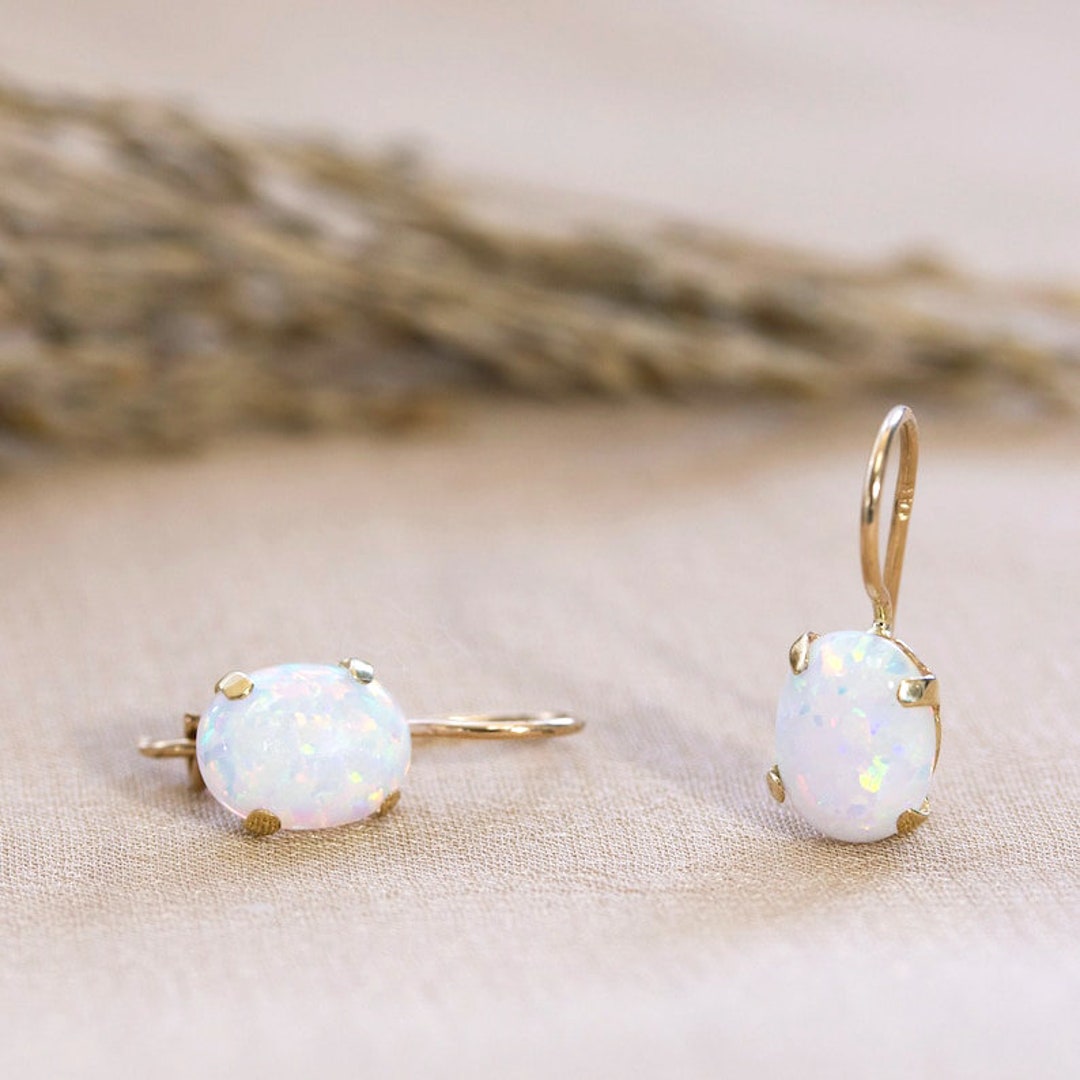 14K Opal Earrings, Opal Drop Earrings, 14K Gold Earrings, October
