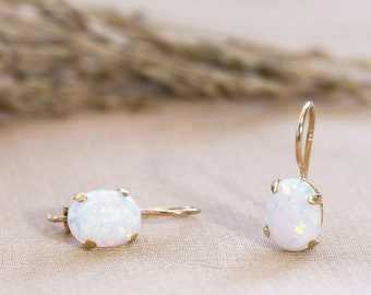 14K Opal Earrings, Opal Drop Earrings, 14K Gold Earrings, October Birthstone, Solid Gold Earrings, White Opal Jewelry, Gold Jewelry