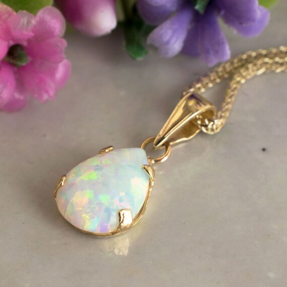 14K Gold Tear Drop White Opal Pendant 
