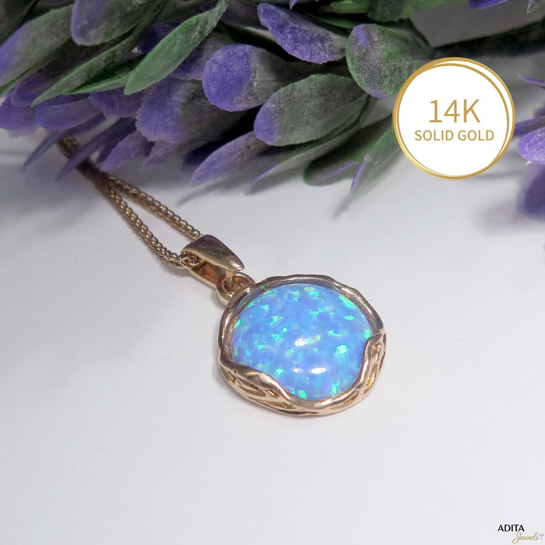 Blue Opal Necklace 14K Gold Necklace Opal Pendant - Etsy