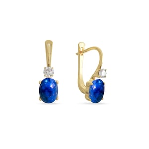 Blaue Lapislazuli Ohrringe in 14K Massivgold, Baumeln Ohrringe mit Weißem CZ, Luxus Goldschmuck, Oval Edelstein Ohrringe für Frauen