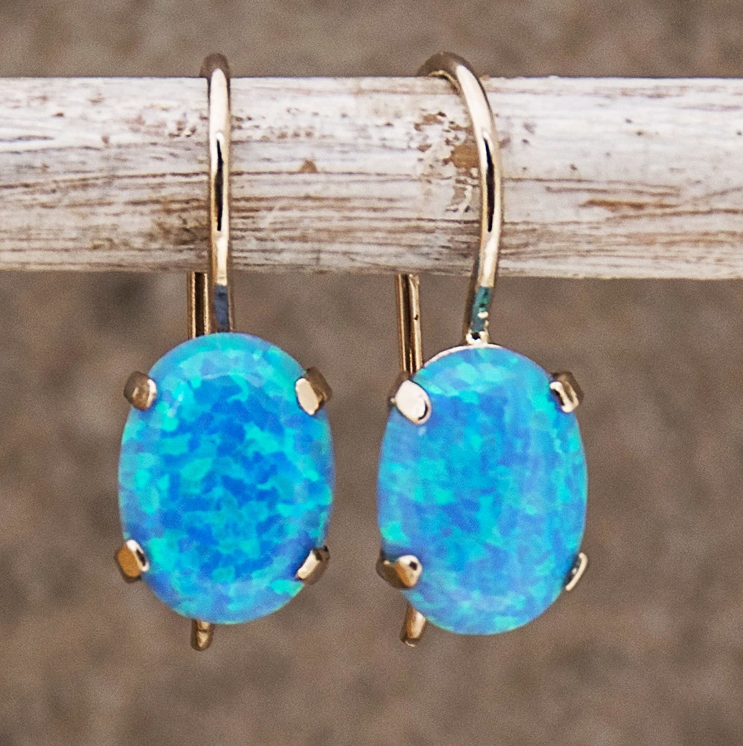 Blue Opal Earrings, 14K Solid White Gold Drop Earrings, October ...