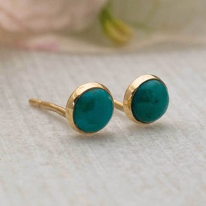 14K Solid Yellow Gold Turquoise Stud Earrings, 4 Mm Round Turquouse ...