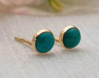 14K Solid Yellow Gold Turquoise Stud Earrings, 4 Mm Round Turquouse Dainty Earrings, Tiny Studs, December Birthstone, Promise Jewelry