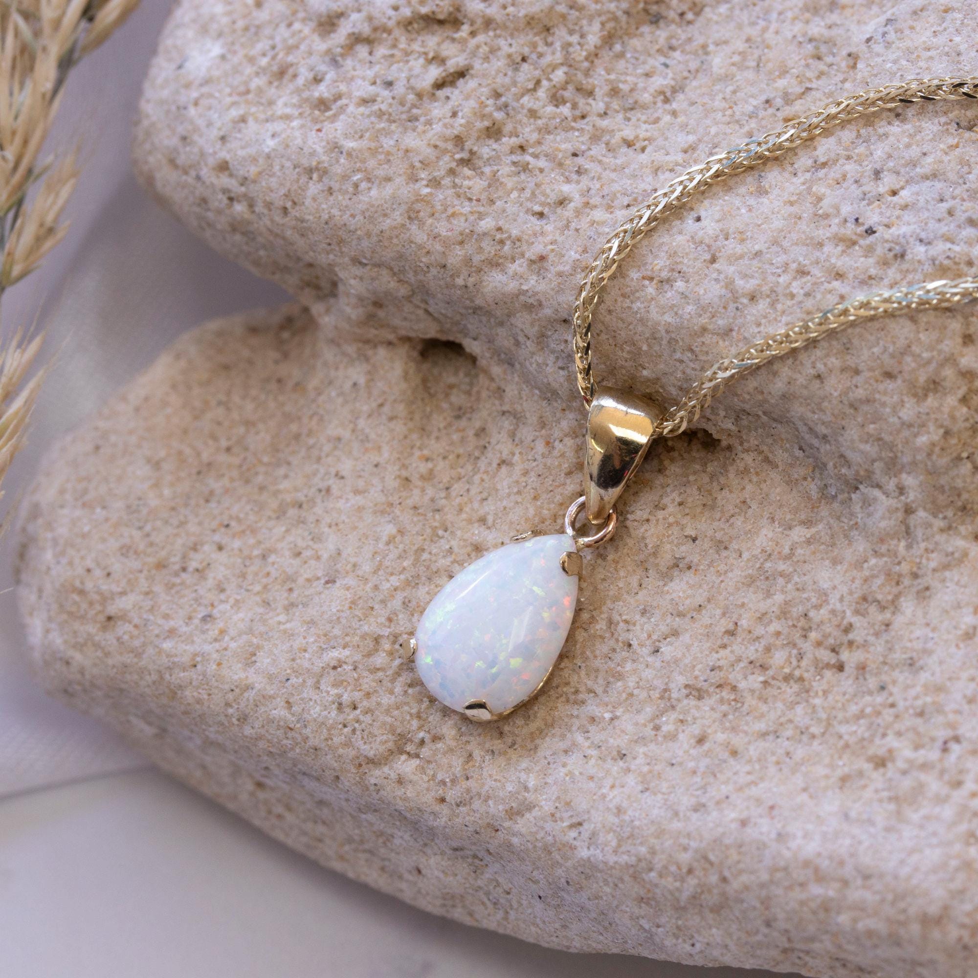 14K Gold Tear Drop White Opal Pendant, 14K Yellow Gold Opal