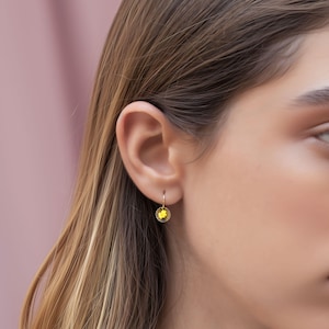 Yellow Gold Citrine Round Drop Earrings – November Birthstone Jewelry, Yellow Crystal Dangle, Gift for Mom